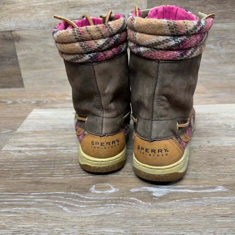 Sperry Hikerfish Brown Leather Pink Plaid Boots Women's Size 9